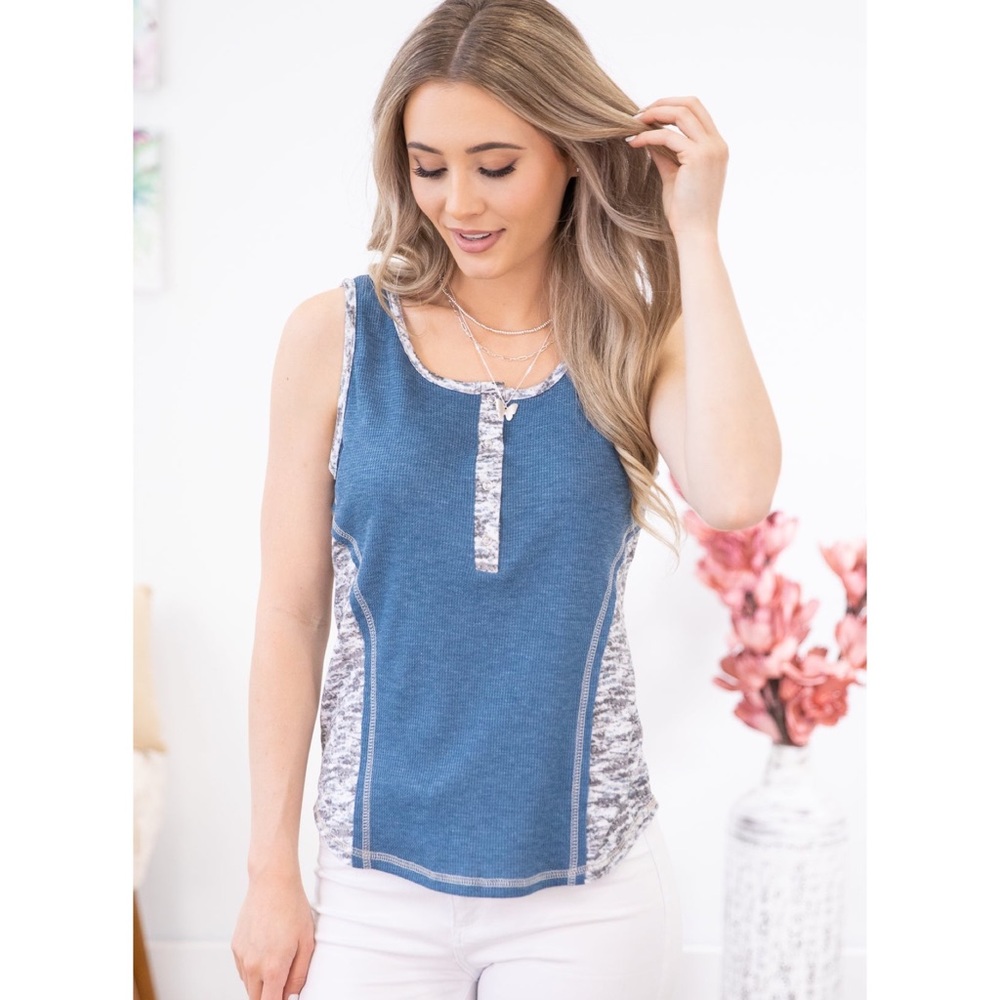 Spring Snap Button Waffle Knit Tank Top Blue Gray Summer Henley Tanks - Picture 2 of 10